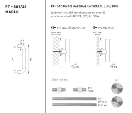 KLAMKA DO DRZWI MP kod K01 Ø 32 mm UN - rozstaw 350 mm (BN - Stal nierdzewna szczotkowana) - szt