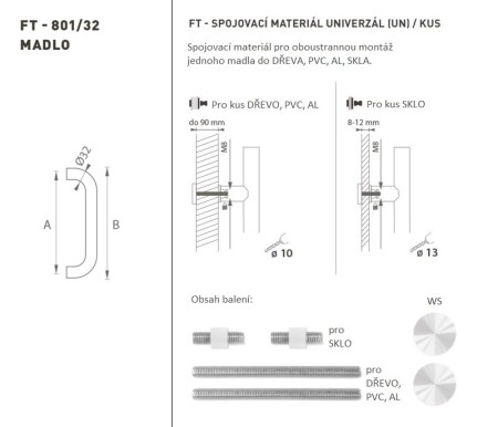 KLAMKA DRZWIOWA MP kod K01 Ø 32 mm UN - rozstaw 350 mm (WS - Biały mat)