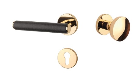 Okucia drzwiowe MP AS - EGERIA - R 7S (OLV - Mosiądz lakierowany polerowany / skóra brązowa)