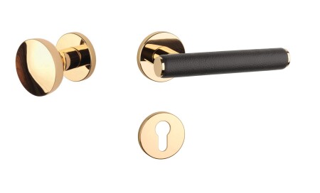 Okucia drzwiowe MP AS - EGERIA - R 7S (OLV - Mosiądz lakierowany polerowany / skóra brązowa)