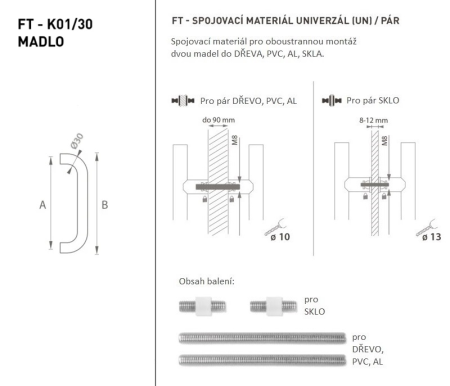 Klamka MP FT - kod K01 Ø 30 mm UN - para (BN - Stal nierdzewna szczotkowana) - Długość: 630 mm600 mmØ 30 mm