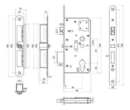 Zamek wpuszczany samoblokujący RICHTER z funkcją paniczną "E", do okuć kulkowo-klamkowych.Z.302-SZ.PA.KO.72/55/20.PL