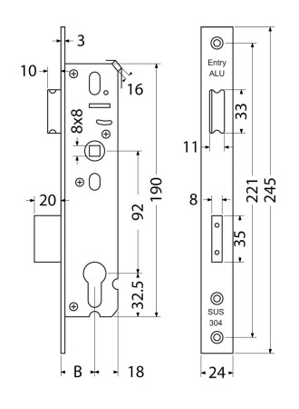 Zamek wpuszczany do drzwi aluminiowych RICHTER EN.A01.92.35.24.N